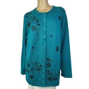 Stitches In Time Blue Cardigan Sweater 2X Button Front Black Bead Decoration